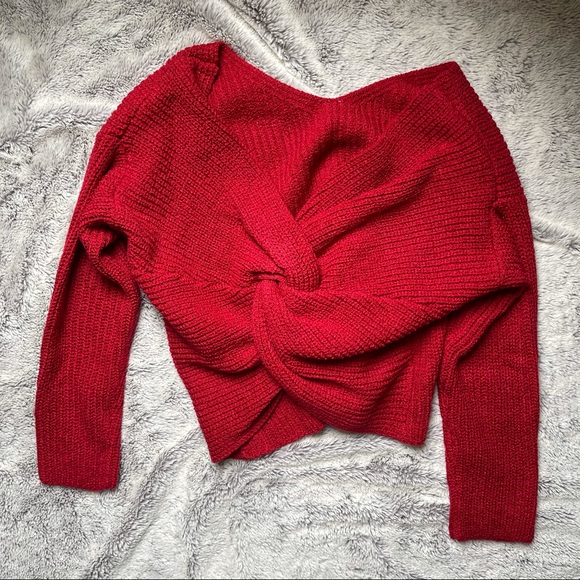 Back Twist Bright Merry Red V Neck Sweater - Picture 6 of 13